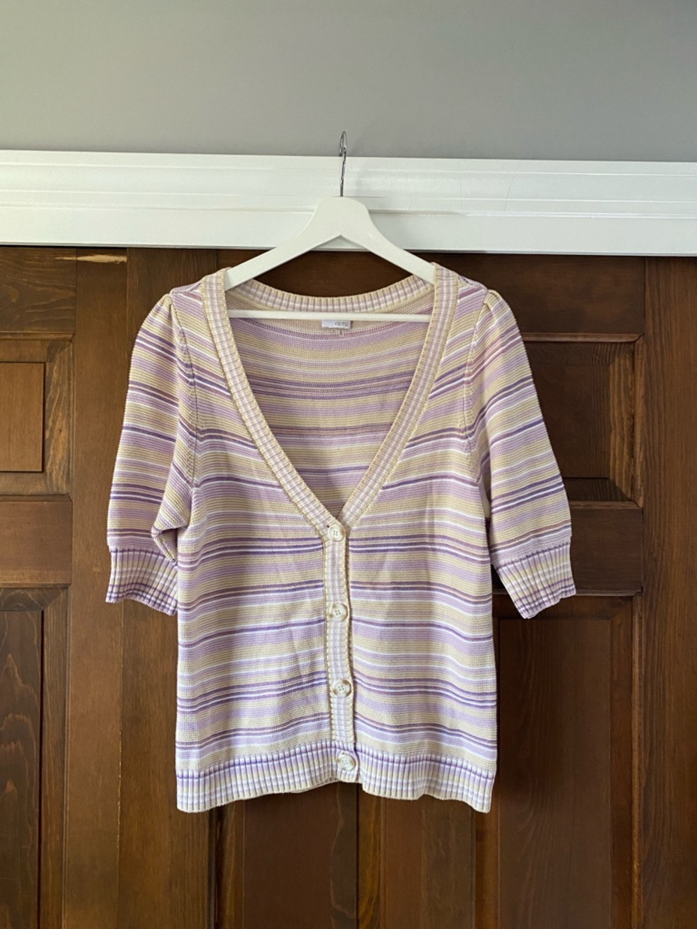ecru Lavender and Cream Striped V-Neck puff sleeve Button Cardigan